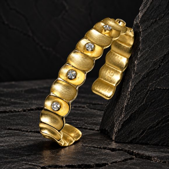 Gold Bamboo Cuff made in 18K Gold with Diamond