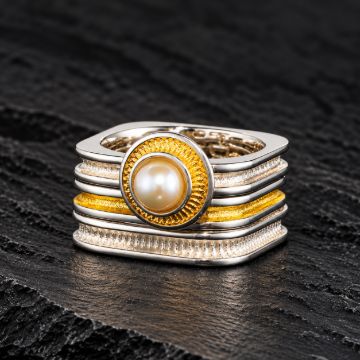 Square Stack Pearl Ring made in Sterling Silver with Pearl - view 7