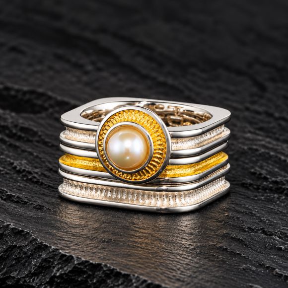 Square Stack Pearl Ring made in Sterling Silver with Pearl - view 7