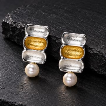 Bamboo Stud Pearl Earrings made in Sterling Silver with Pearl - view 3