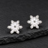 Flower Stud Silver Earrings made in Sterling Silver - view 5