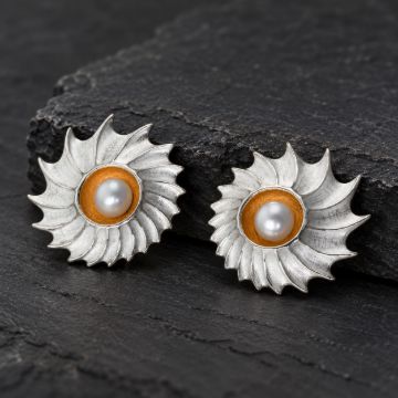Shell Pearl Stud Earrings made in Sterling Silver with Pearl - view 4
