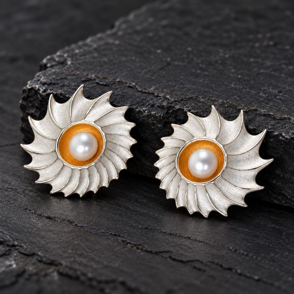 Shell Pearl Stud Earrings made in Sterling Silver with Pearl - view 3