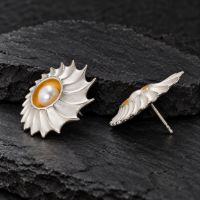 Shell Pearl Stud Earrings made in Sterling Silver with Pearl - view 4
