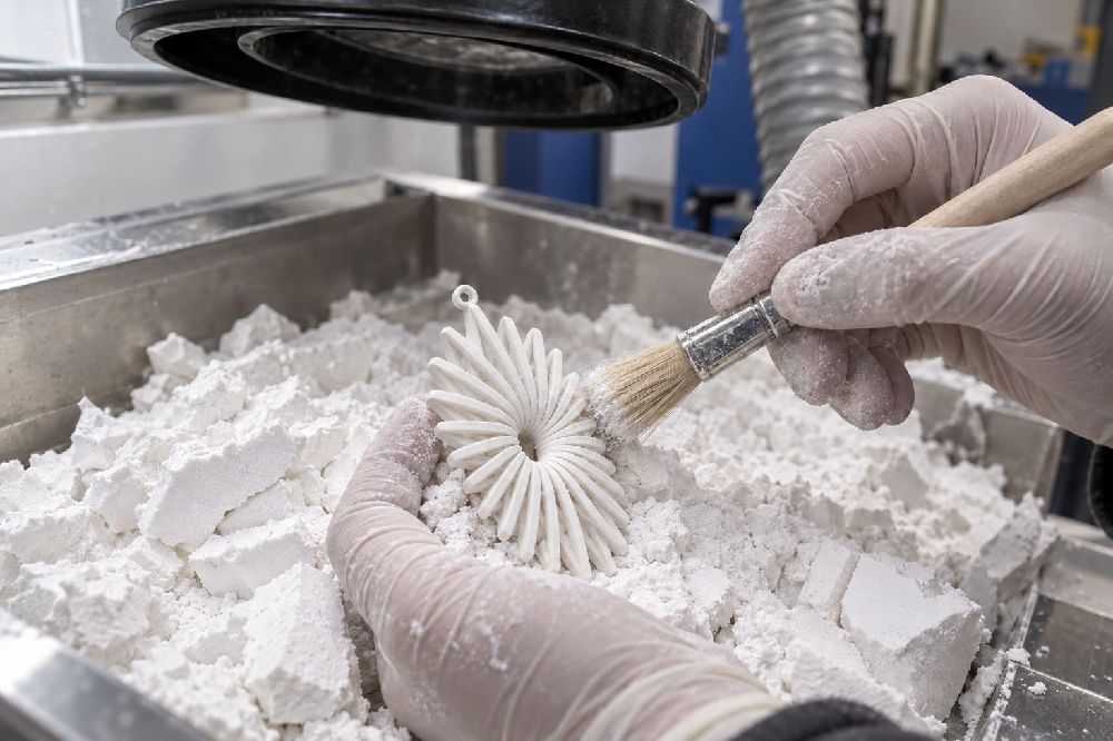 Gloved hands brushing unfused nylon powder from a freshly printed white earring lying in the powder cake