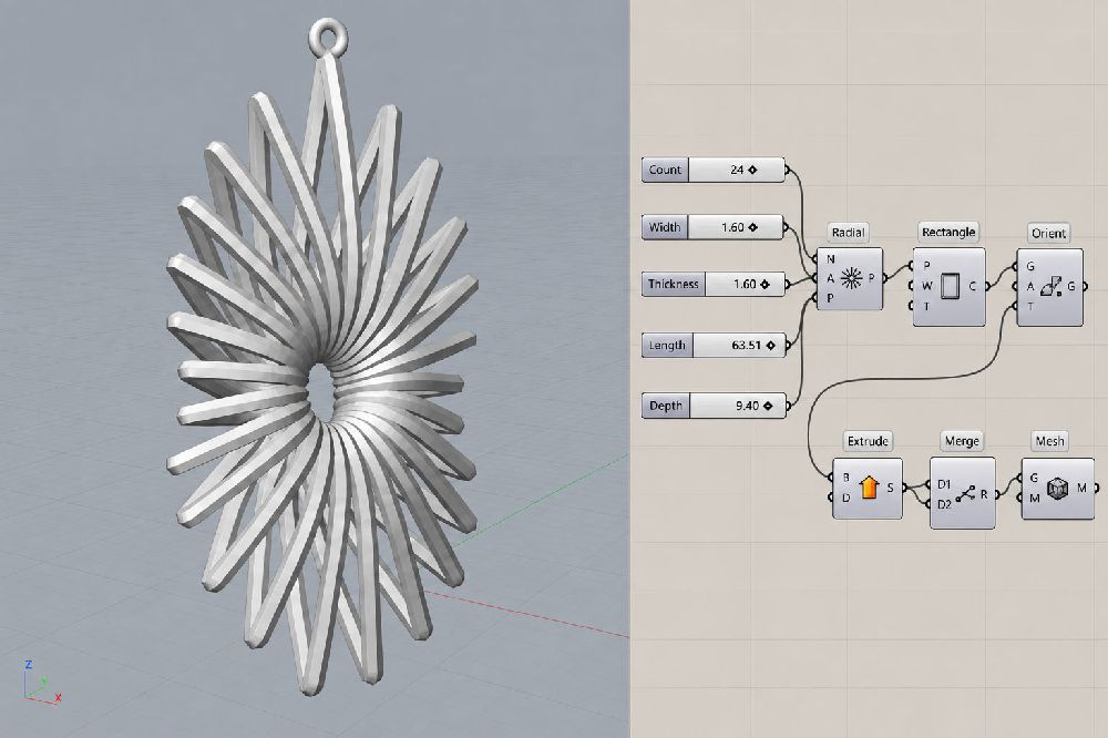 A Grasshopper definition in Rhino 3D beside the radial nylon earring it generates, with count, width, thickness, length and depth as adjustable parameters